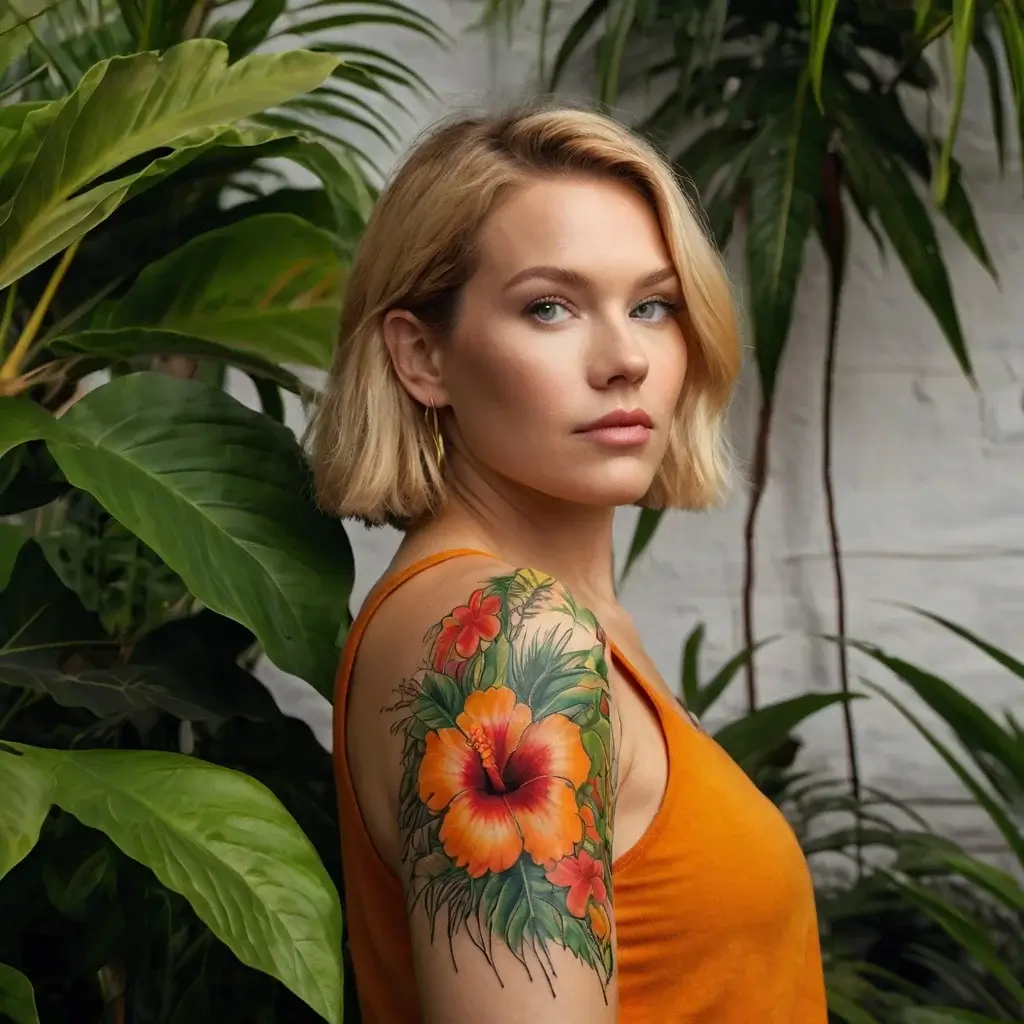 A vibrant tattoo design featuring large, colorful hibiscus flowers with leafy accents on the upper arm, blending with nature.