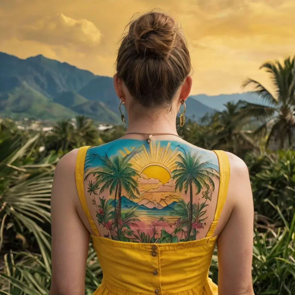 Tattoo depicting a vibrant tropical scene with palm trees, mountains, a sun setting over the ocean, and lush foliage.