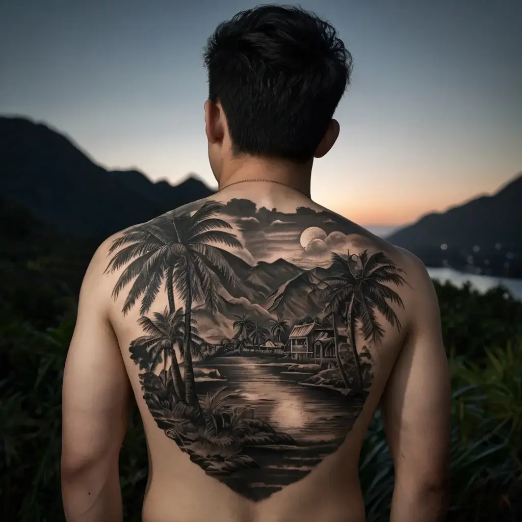 Tattoo of a tropical landscape with palm trees, mountains, huts, and a moonlit sky, covering the entire back.