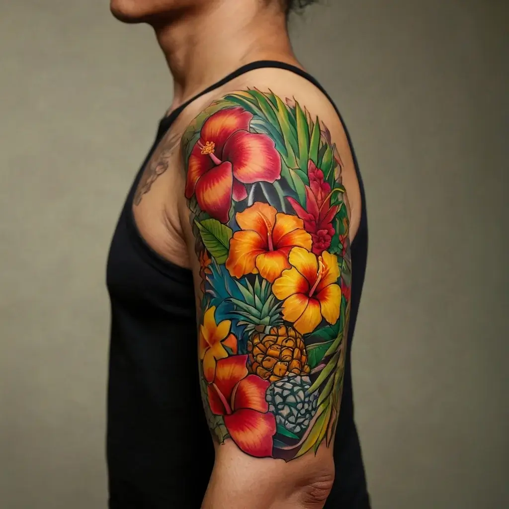 A vibrant tropical sleeve tattoo with hibiscus flowers, a pineapple, and lush green leaves on the upper arm.