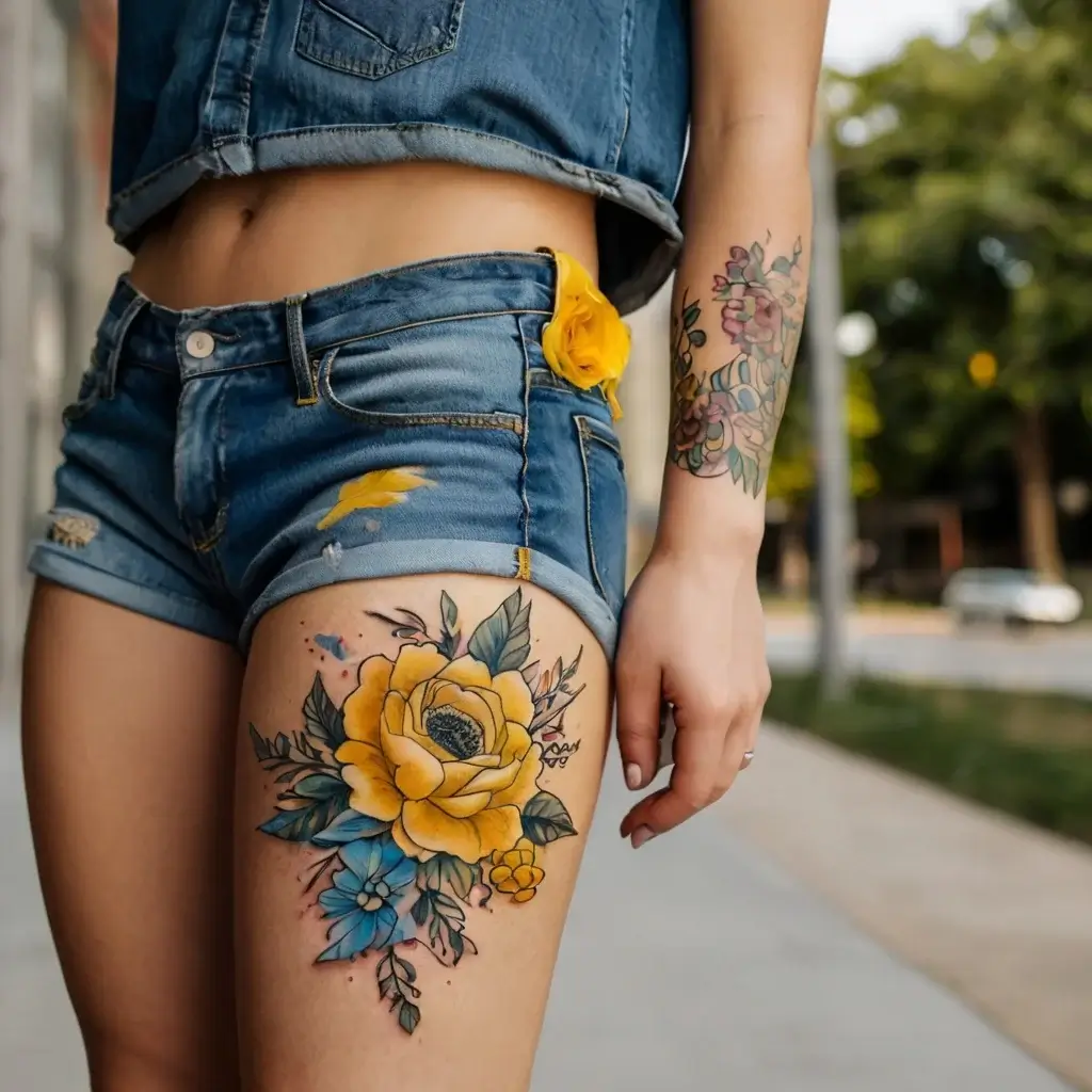 Colorful yellow rose tattoo with blue flowers and green leaves on the thigh, featuring intricate details and shading.