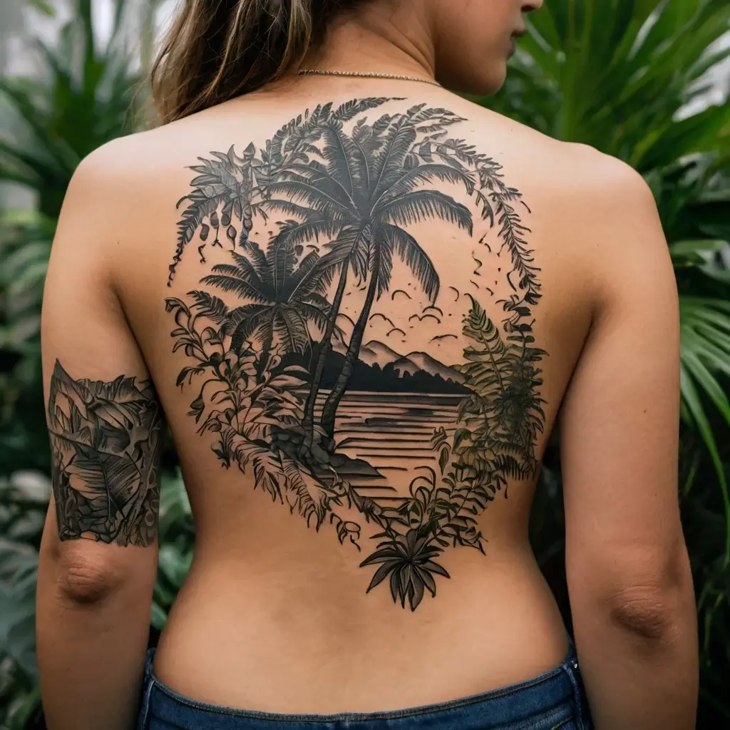 Tropical scene tattoo depicting palm trees, mountains, and ocean on back, with leafy embellishments on the arm.