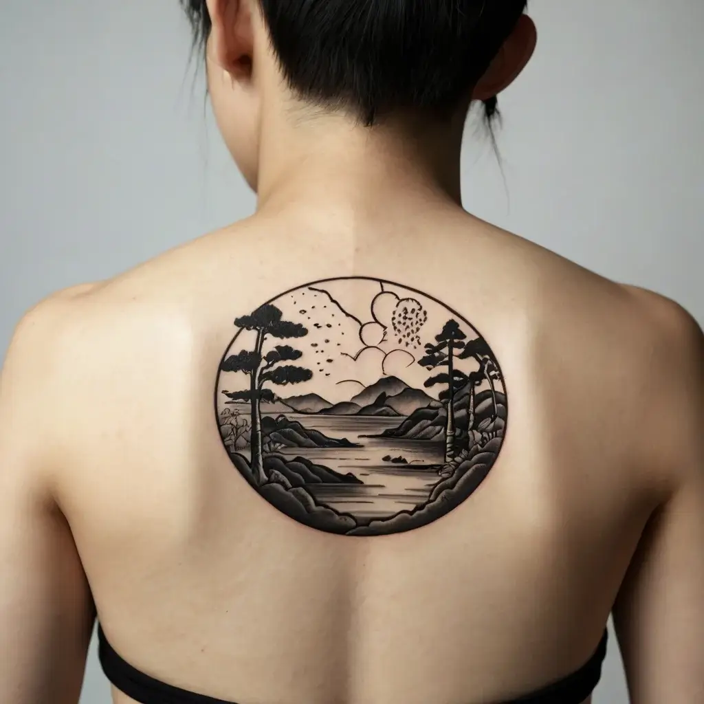 Black ink landscape tattoo in a circle on back, featuring mountains, trees, and a serene river under a night sky.