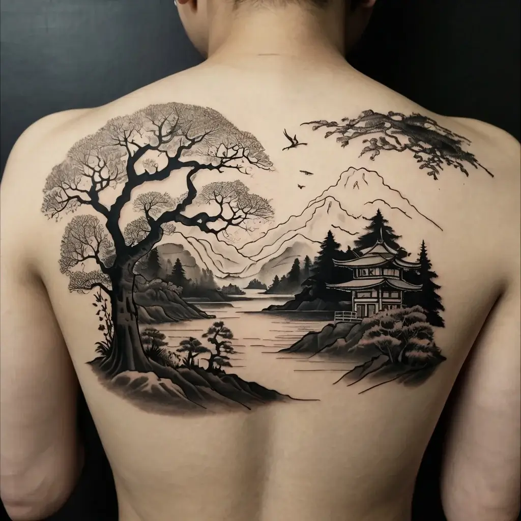 Tattoo of serene landscape with a large tree, mountains, a river, and a traditional pagoda, evoking tranquility and nature.