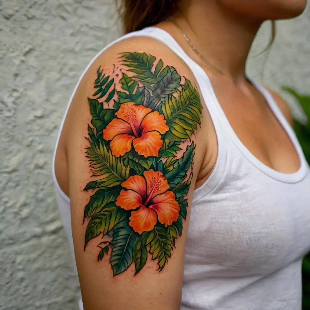 Vivid hibiscus flowers with lush green leaves tattooed on the shoulder, showcasing vibrant colors and tropical elegance.