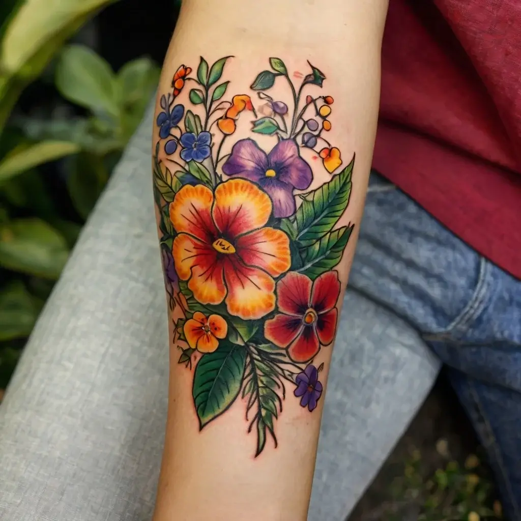 A vibrant floral tattoo on forearm, featuring a mix of hibiscus, violets, and pansies in vivid orange, purple, and red hues.