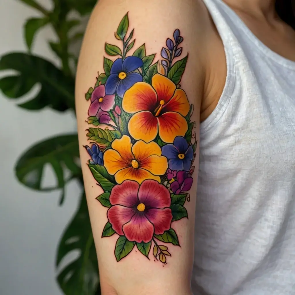 Colorful floral tattoo with vibrant hibiscus, pansies, and lush green leaves on upper arm.