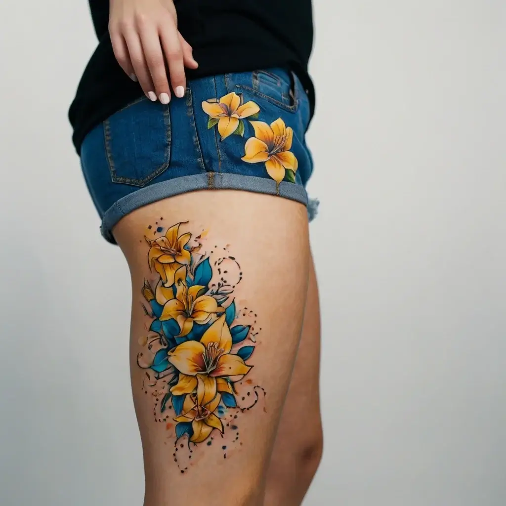 Colorful tattoo of yellow lilies with blue leaves on thigh, surrounded by decorative dots and swirls, matching shorts design.