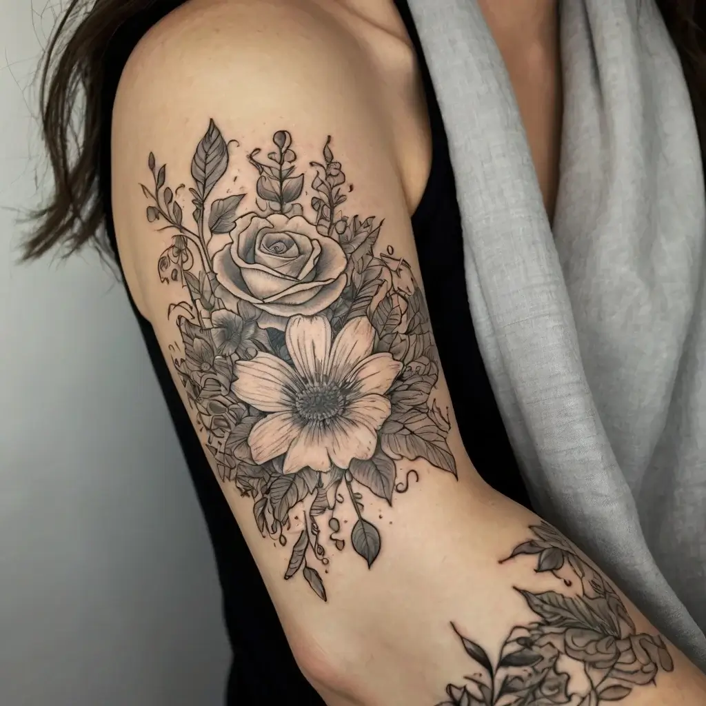 Black and grey tattoo of a rose and daisy surrounded by detailed leaves and ferns, covering the upper arm.