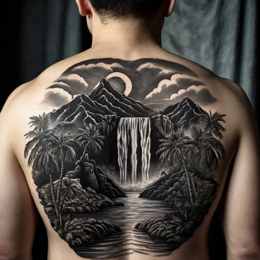 Tattoo of a serene landscape with a waterfall, mountains, palm trees, and crescent moon in grayscale on a back.