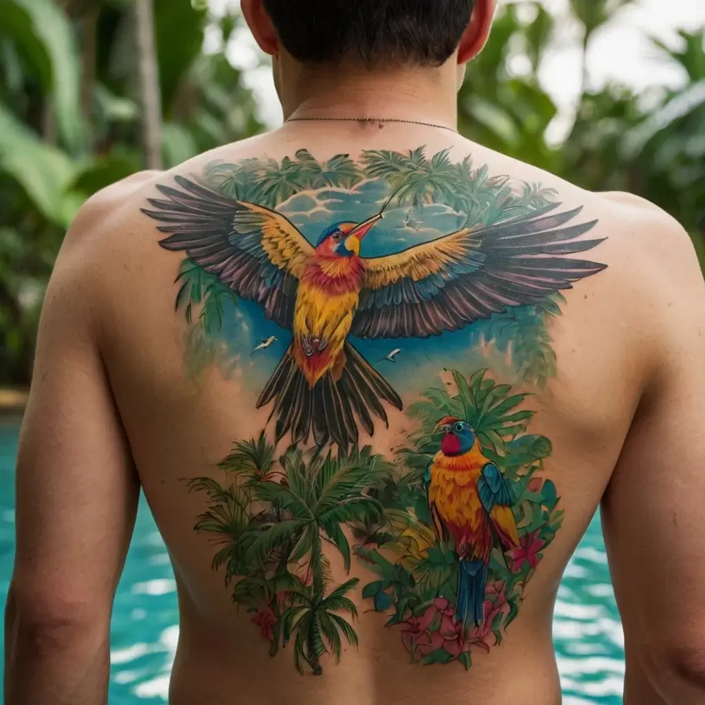 Vibrant tropical tattoo with a colorful bird in flight above lush foliage and flowers, creating a dynamic back design.