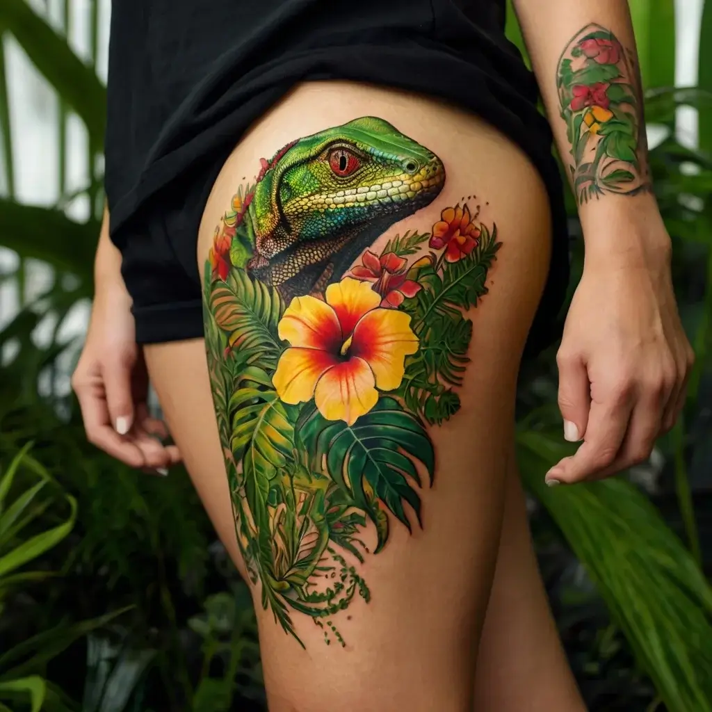 Vibrant tattoo of a lizard amidst tropical leaves and hibiscus flowers on the thigh, showcasing vivid detail and rich colors.