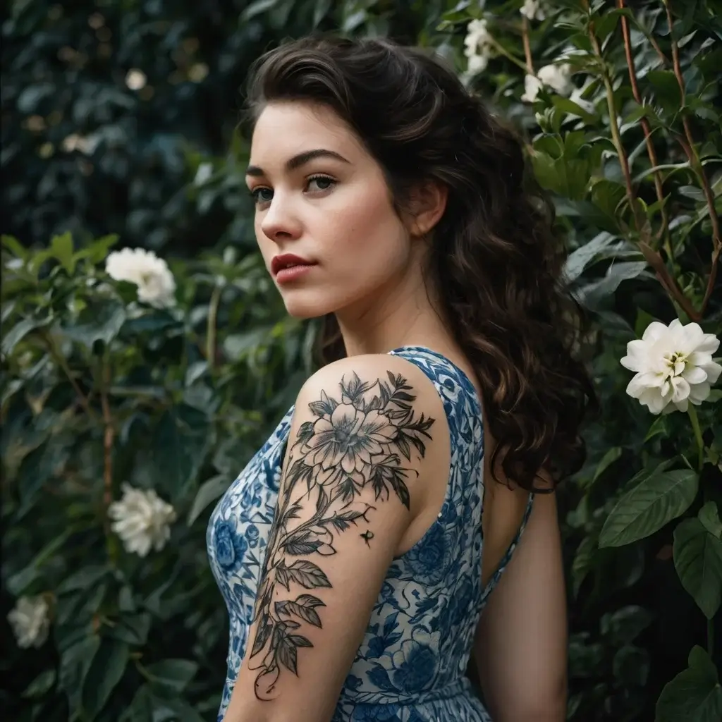 A detailed floral tattoo with large blossoms and leaves adorns the woman's upper arm, complementing her floral dress.