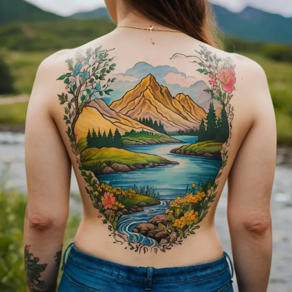 Colorful mountain landscape with a river, trees, and flowers framed by foliage tattoos on a person's back.