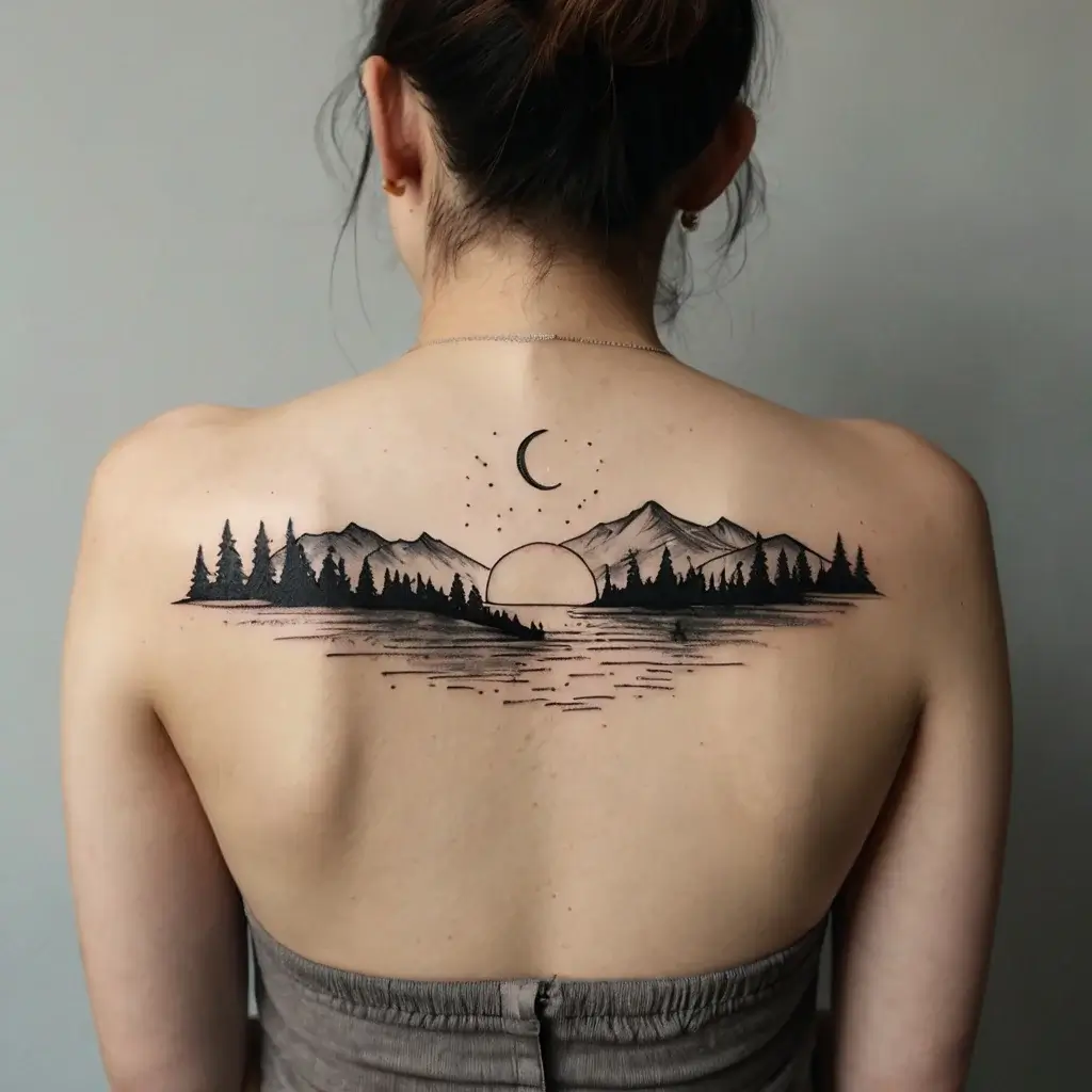 Tattoo of a serene landscape featuring mountains, pine trees, a crescent moon, and a setting sun reflected on water.