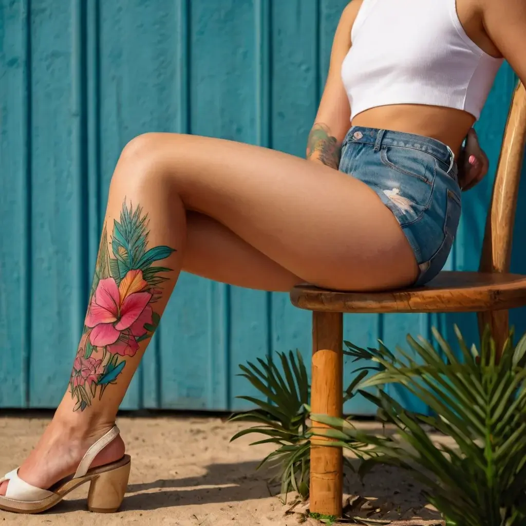 Colorful tropical floral tattoo on leg featuring vibrant hibiscus and palm leaves, evoking a lively, exotic vibe.