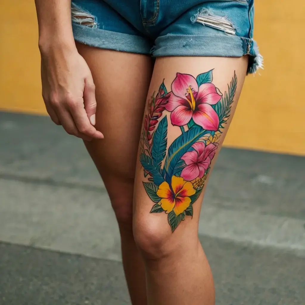 Vibrant floral tattoo on thigh with pink hibiscus, yellow blooms, and green leaves, creating a lively tropical design.