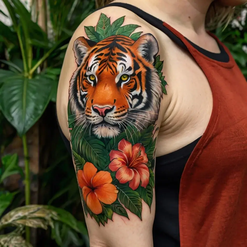 Tiger with vivid orange and black stripes, surrounded by lush green leaves and vibrant hibiscus flowers, on the upper arm.