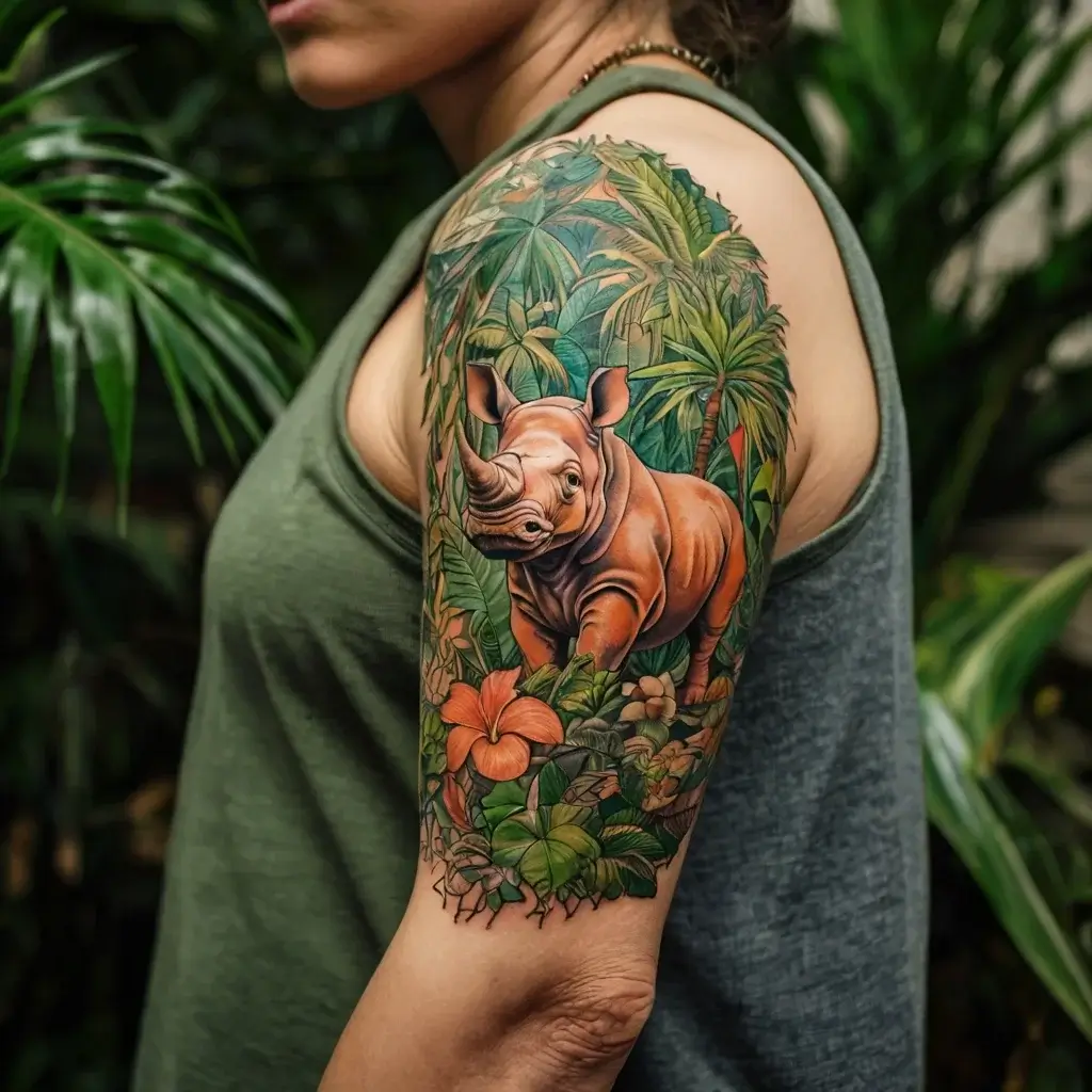 A vibrant tattoo of a rhino in a lush jungle setting, with detailed foliage and flowers, covering the upper arm.