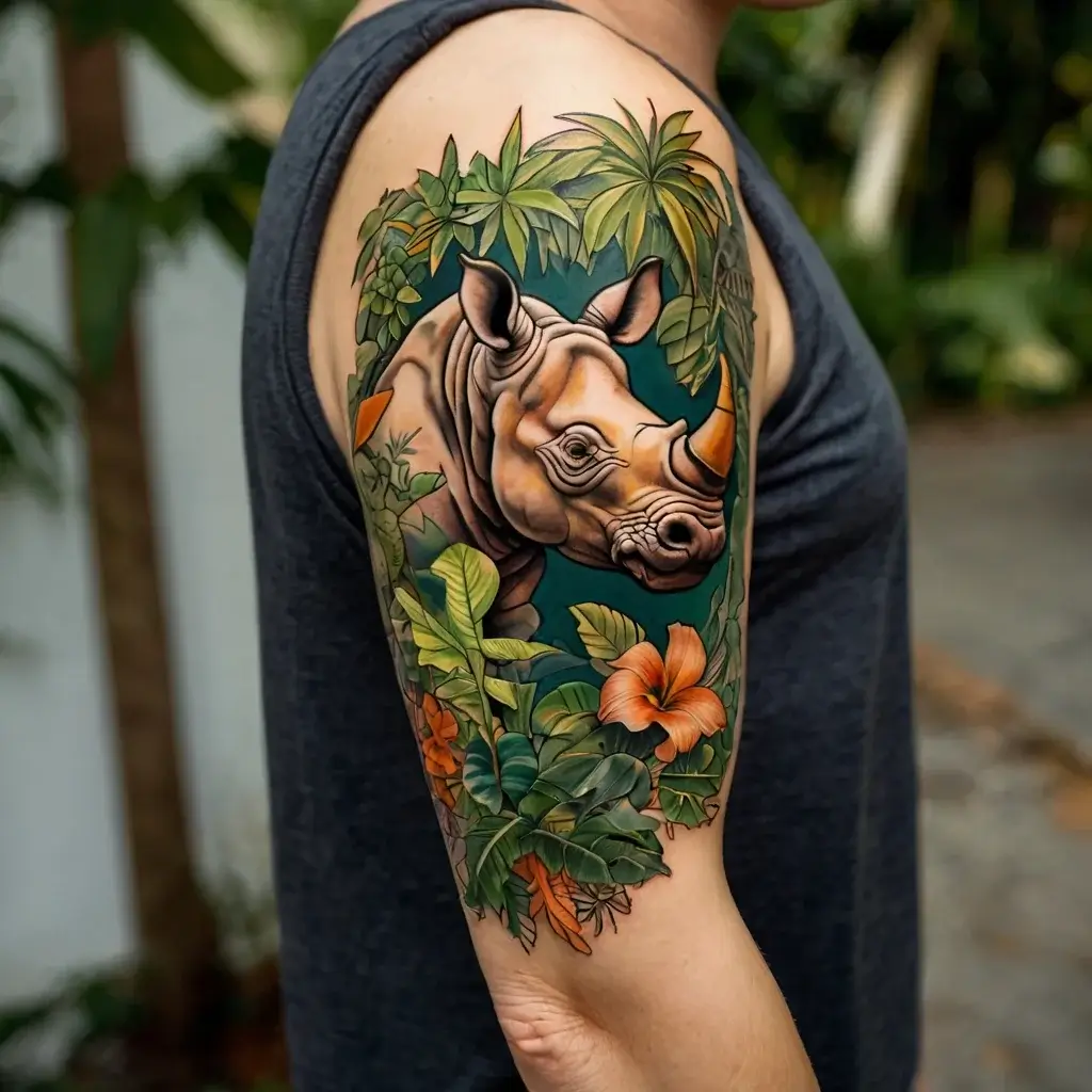 A vibrant tattoo of a rhino surrounded by lush jungle foliage and bright flowers, symbolizing strength and nature.