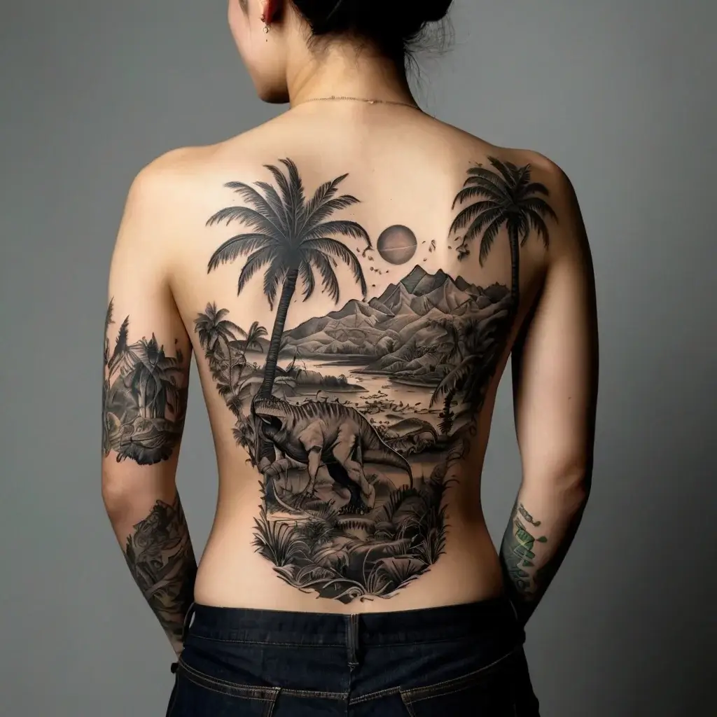 Back tattoo with detailed black and gray landscape featuring palm trees, a dinosaur, mountains, and a setting sun.