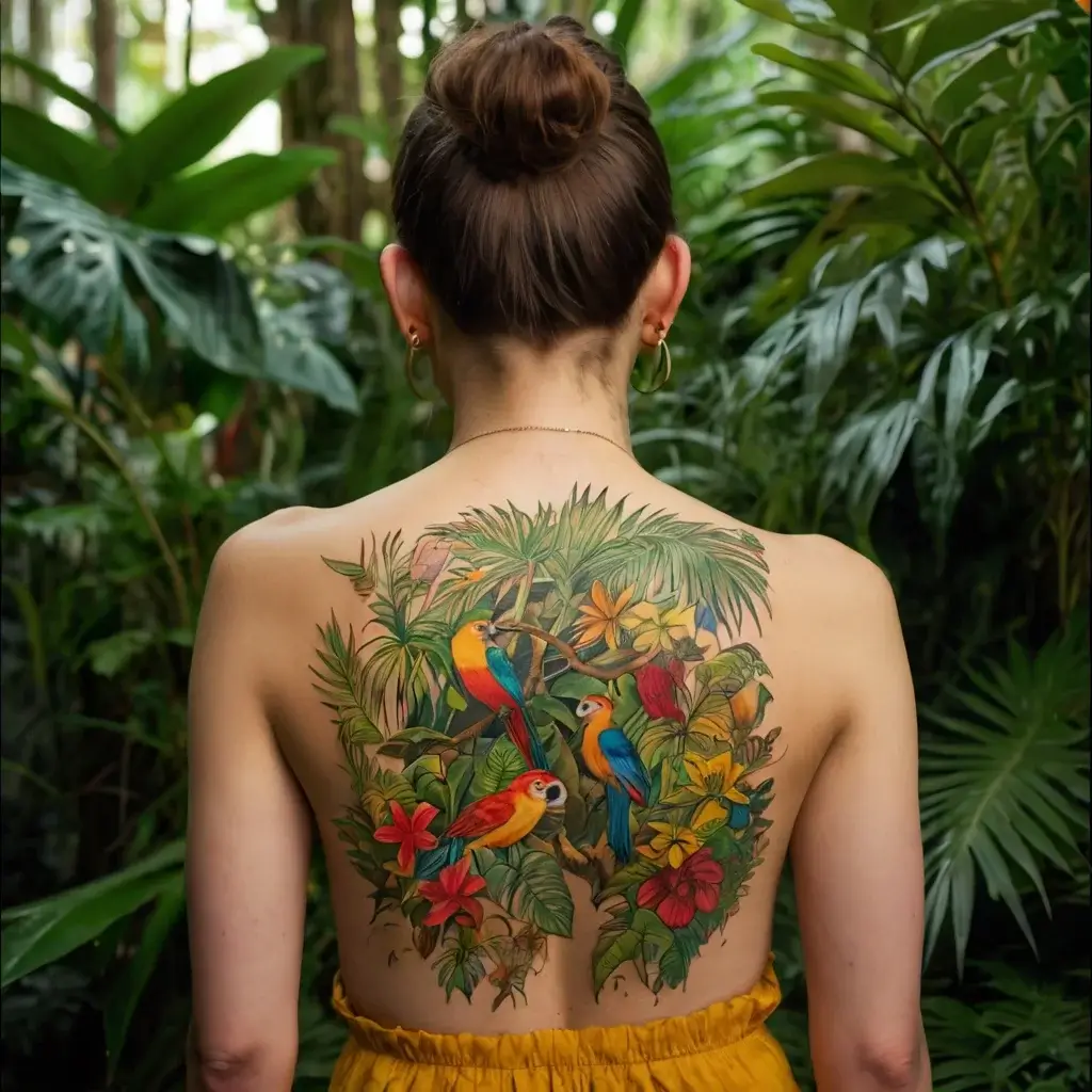 A colorful back tattoo shows three vibrant parrots amid lush foliage and tropical flowers, symbolizing nature's beauty.