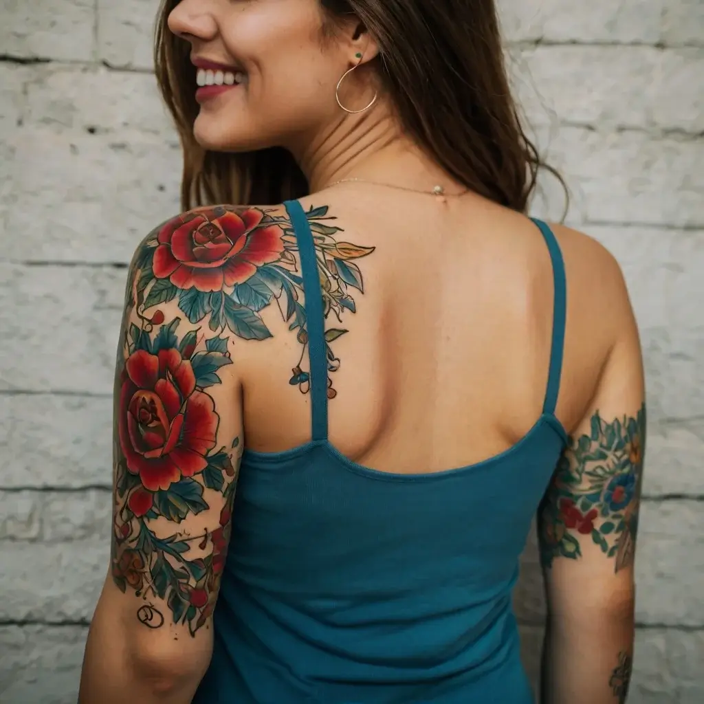 Tattoo featuring vibrant red roses with green leaves on the shoulder and arm, combining natural beauty and elegance.