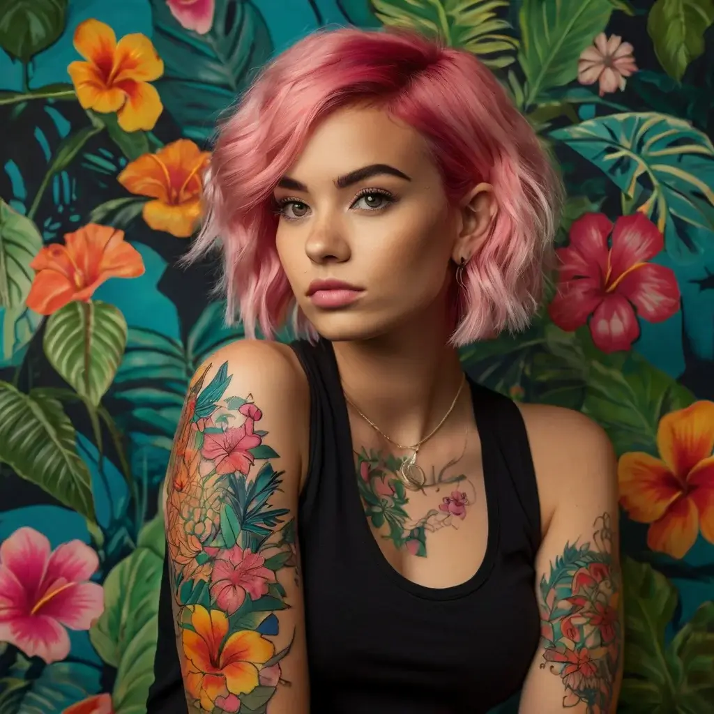 Colorful floral tattoos featuring hibiscus and tropical leaves cover arms and shoulder, complementing the vibrant backdrop.