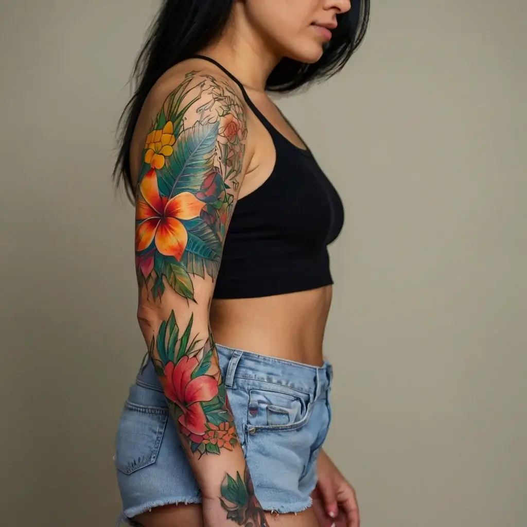 Colorful tropical sleeve tattoo featuring bright hibiscus flowers, lush green leaves, and intricate shading details.