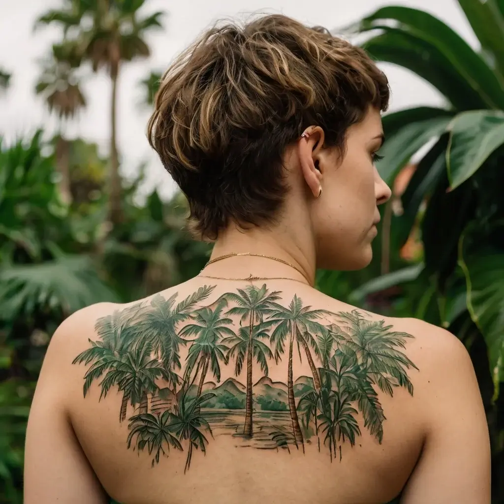 Back tattoo of detailed palm trees and serene mountains, evoking a tropical landscape with lush greenery.