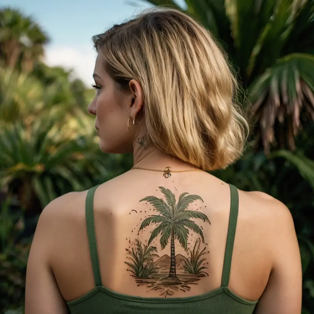 Tattoo of a detailed palm tree on a woman's back with surrounding plants, creating a tropical landscape theme.