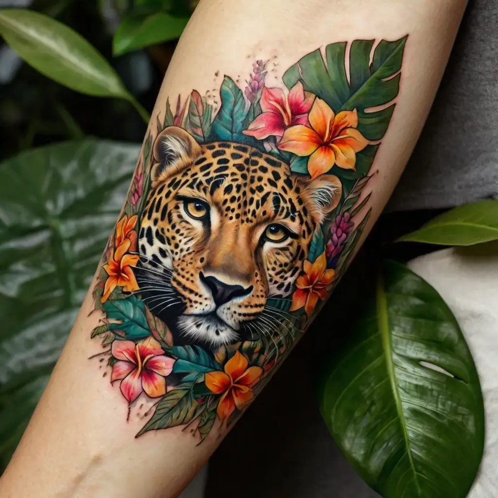 Realistic jaguar tattoo surrounded by vivid tropical flowers and leaves, capturing the wild and vibrant nature theme.