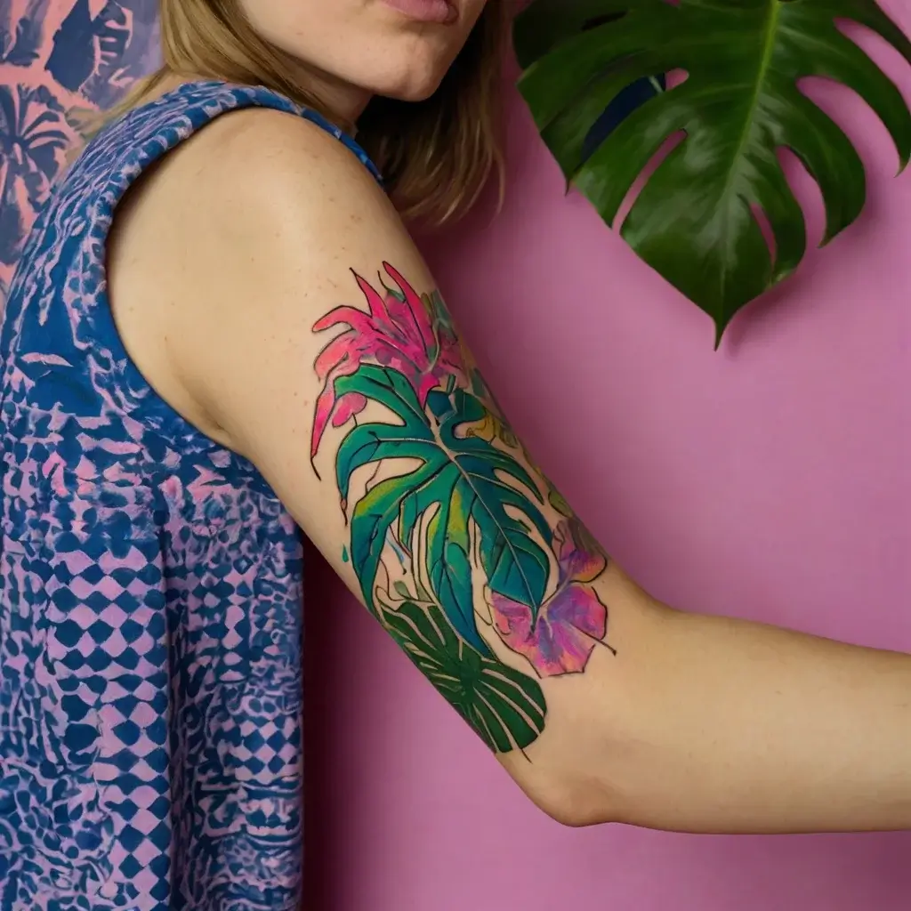 Colorful tropical tattoo of monstera leaves and pink flowers on upper arm, blending bold greens and pinks.