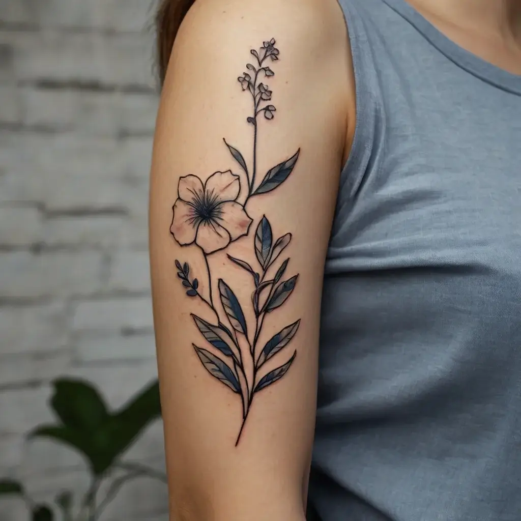 Floral tattoo with a large flower, delicate buds, and leaves in subtle black and gray shading on the upper arm.