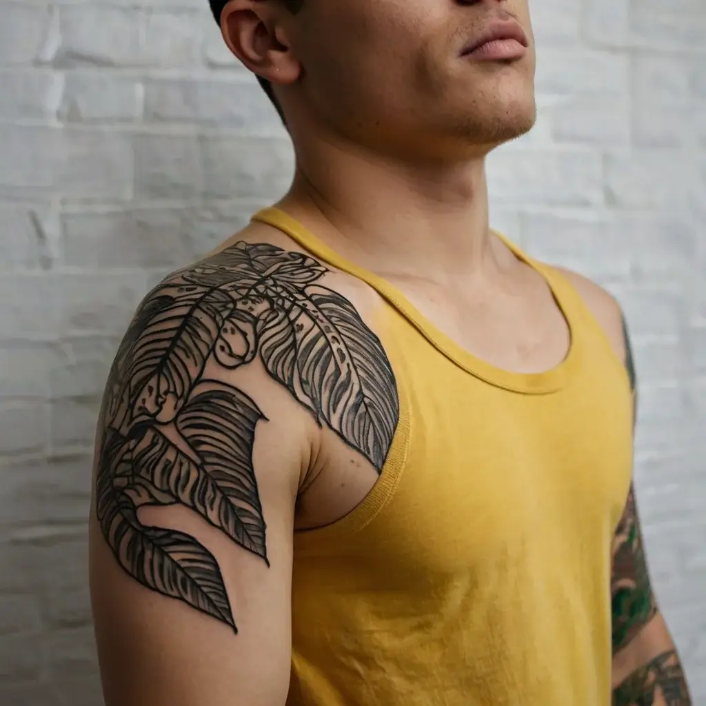 Tattoo of bold, intricately detailed tropical leaves and monkeys covering the shoulder, designed in black ink.