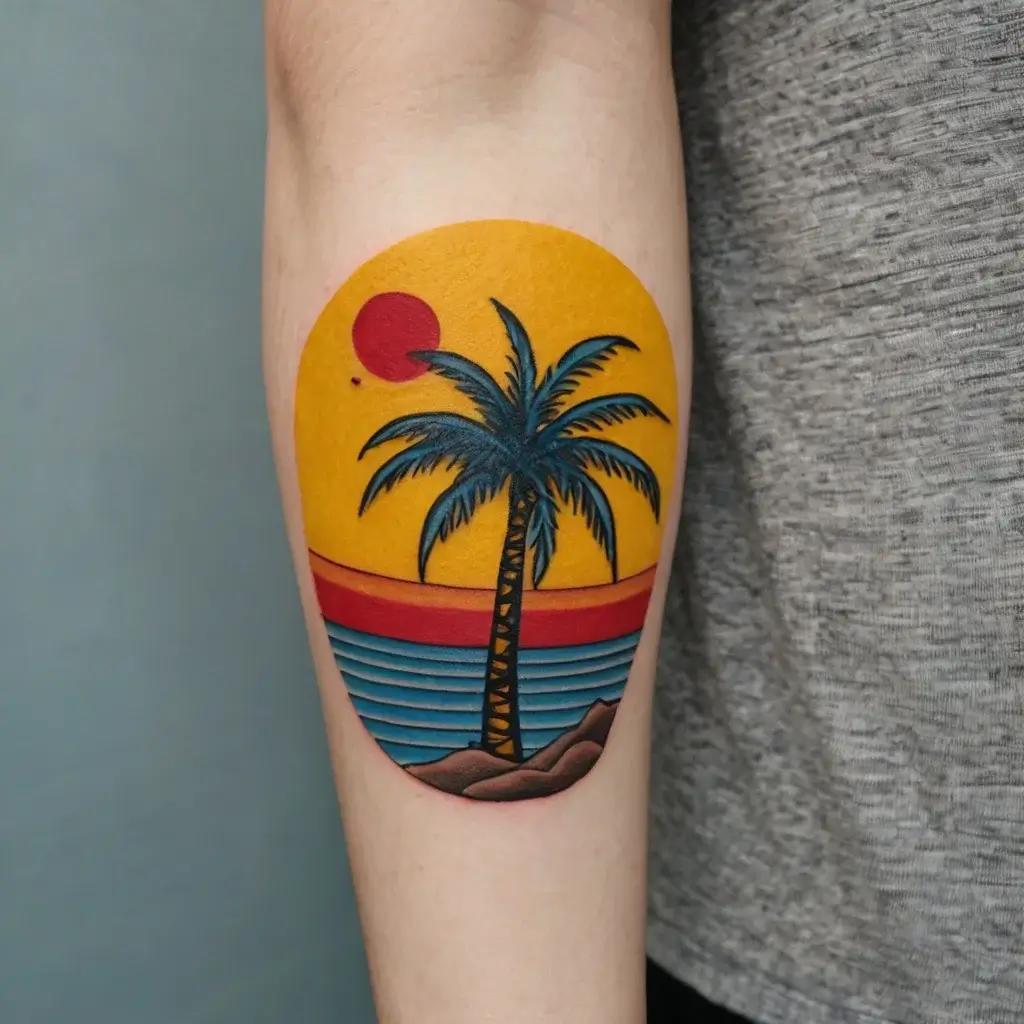 Palm tree silhouette against a vibrant sunset with a red sun over blue waves, encased in a circular design.