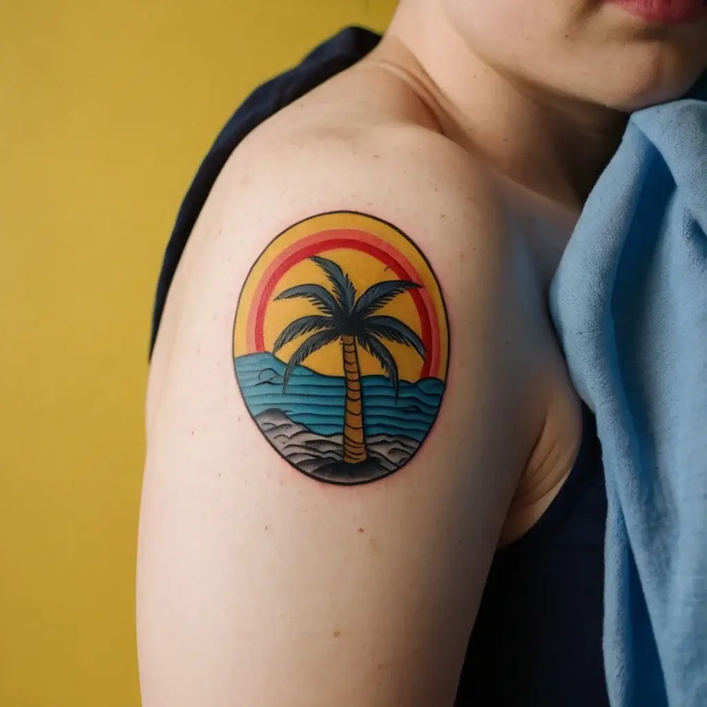 Colorful palm tree tattoo with sunset and ocean waves in a circular design on the upper arm.