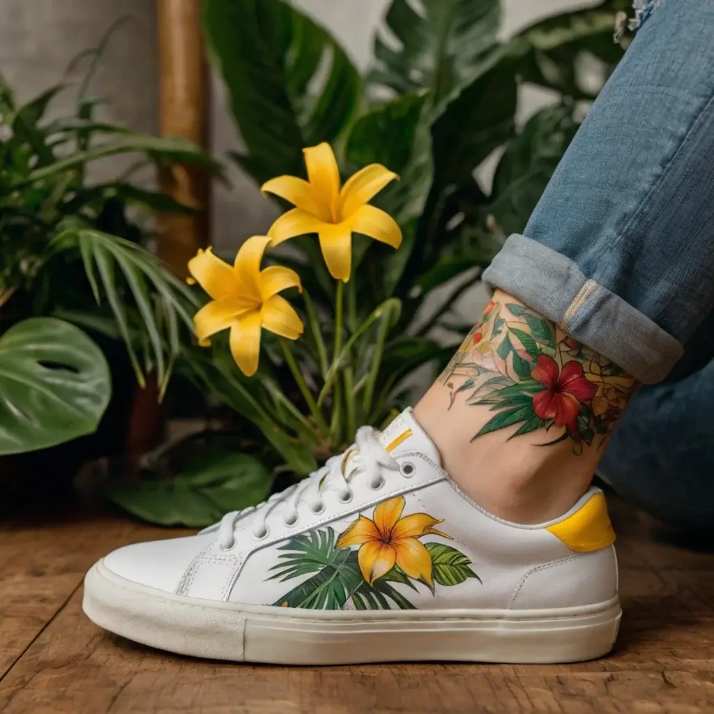 Vibrant hibiscus and lush leaves tattoo on ankle, complementing yellow lilies and tropical theme on white sneaker.