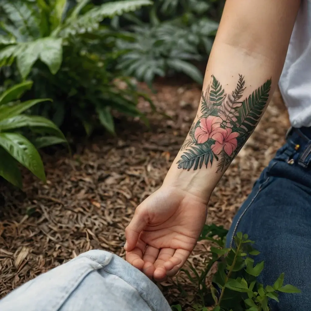 Floral forearm tattoo with pink hibiscus flowers and lush green ferns, blending nature and art elegantly.