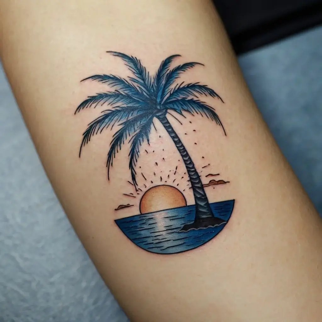 A stylized tattoo of a palm tree with a sunset and ocean waves, capturing a serene tropical scene with vibrant colors.