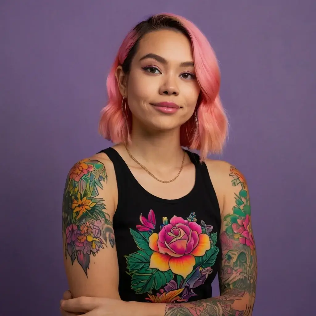 A colorful floral tattoo with vibrant roses and leaves adorns her arms, blending beautifully with her vivid tank top design.