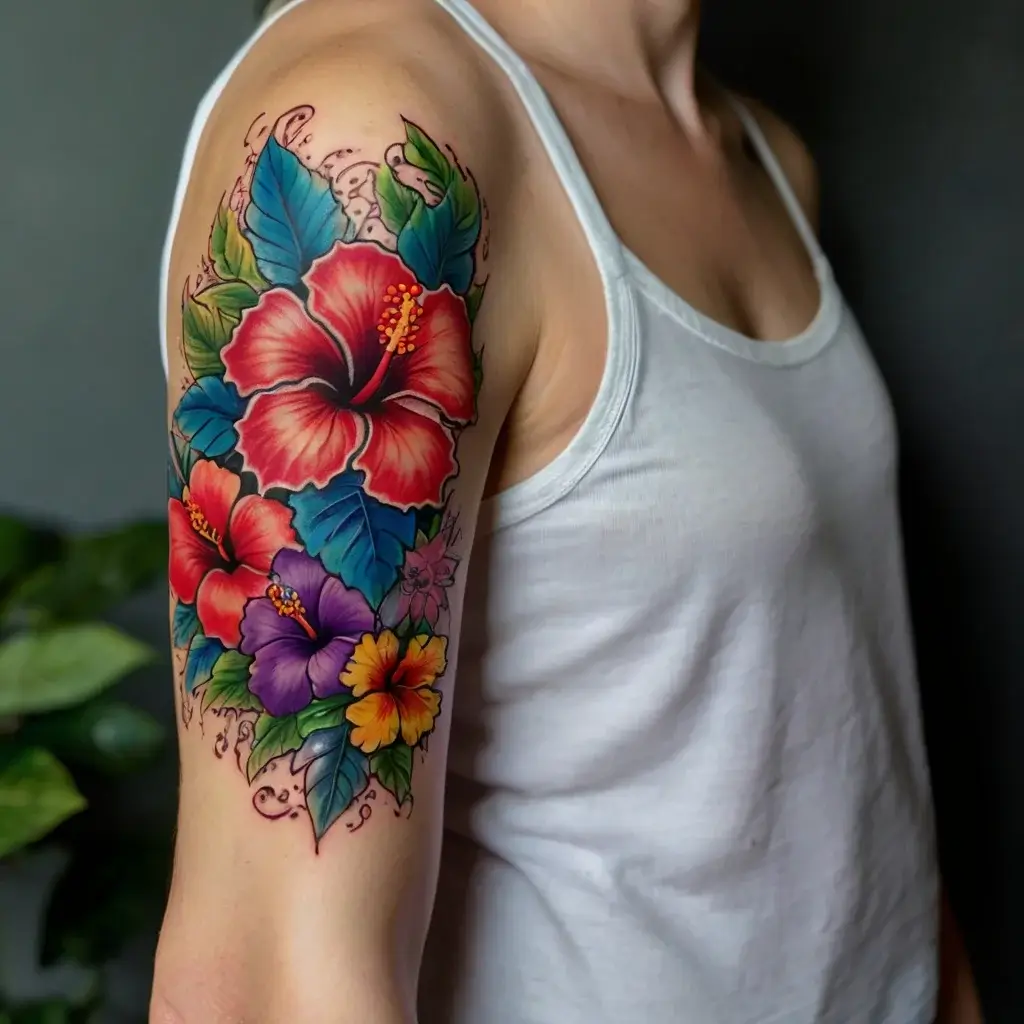 Vibrant arm tattoo with red, purple, and yellow hibiscus flowers surrounded by lush green leaves, exuding tropical vibes.