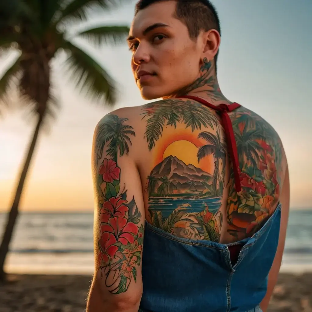 Tattoo of a tropical scene with a sunset, palm trees, and mountains. Vibrant flowers on arms add a colorful touch.