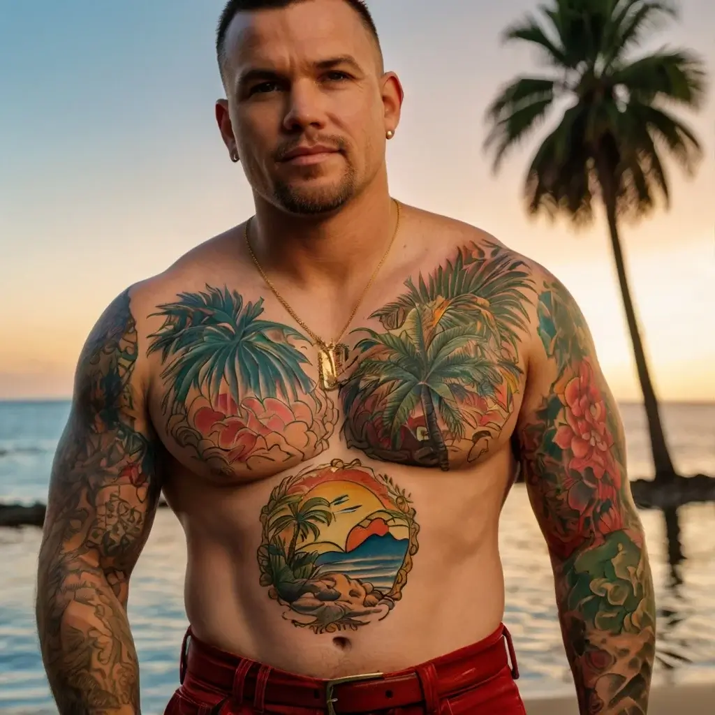 Chest tattoo depicting tropical scenery with palm trees, vibrant sunset, and ocean waves, framed by colorful floral elements.