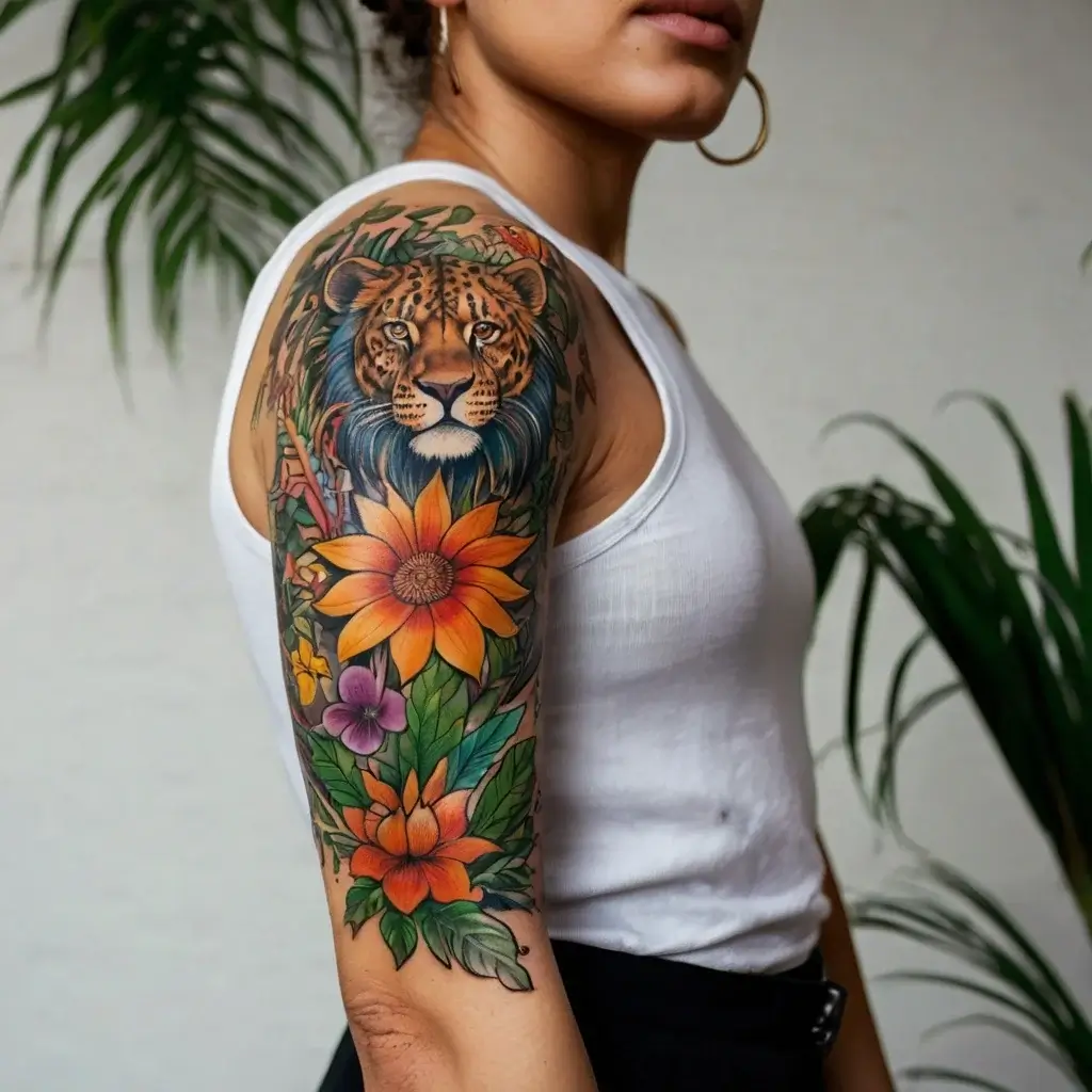 Colorful tattoo of a lion surrounded by vibrant flowers and leaves, blending realism and illustrative styles on an upper arm.