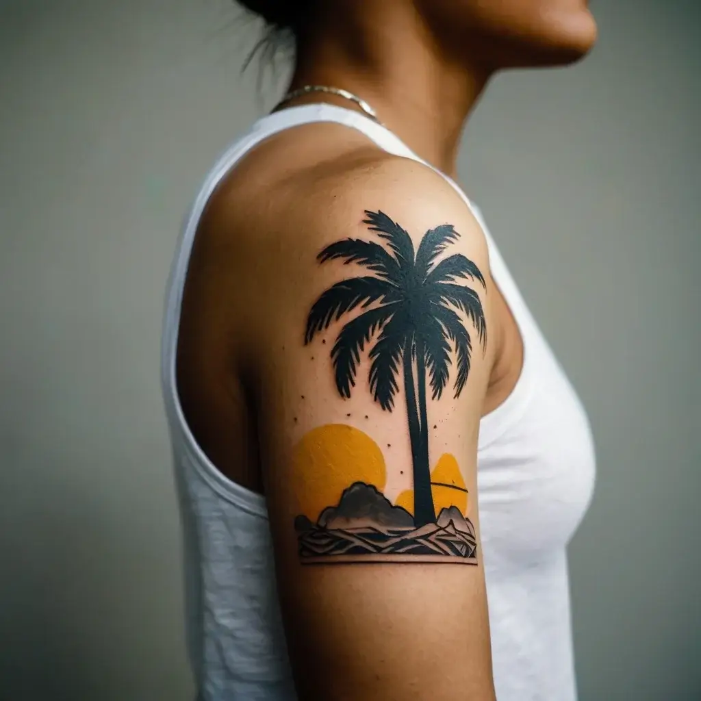 Silhouette of a palm tree on the arm, set against a vibrant yellow-orange sunset with stylized waves below.