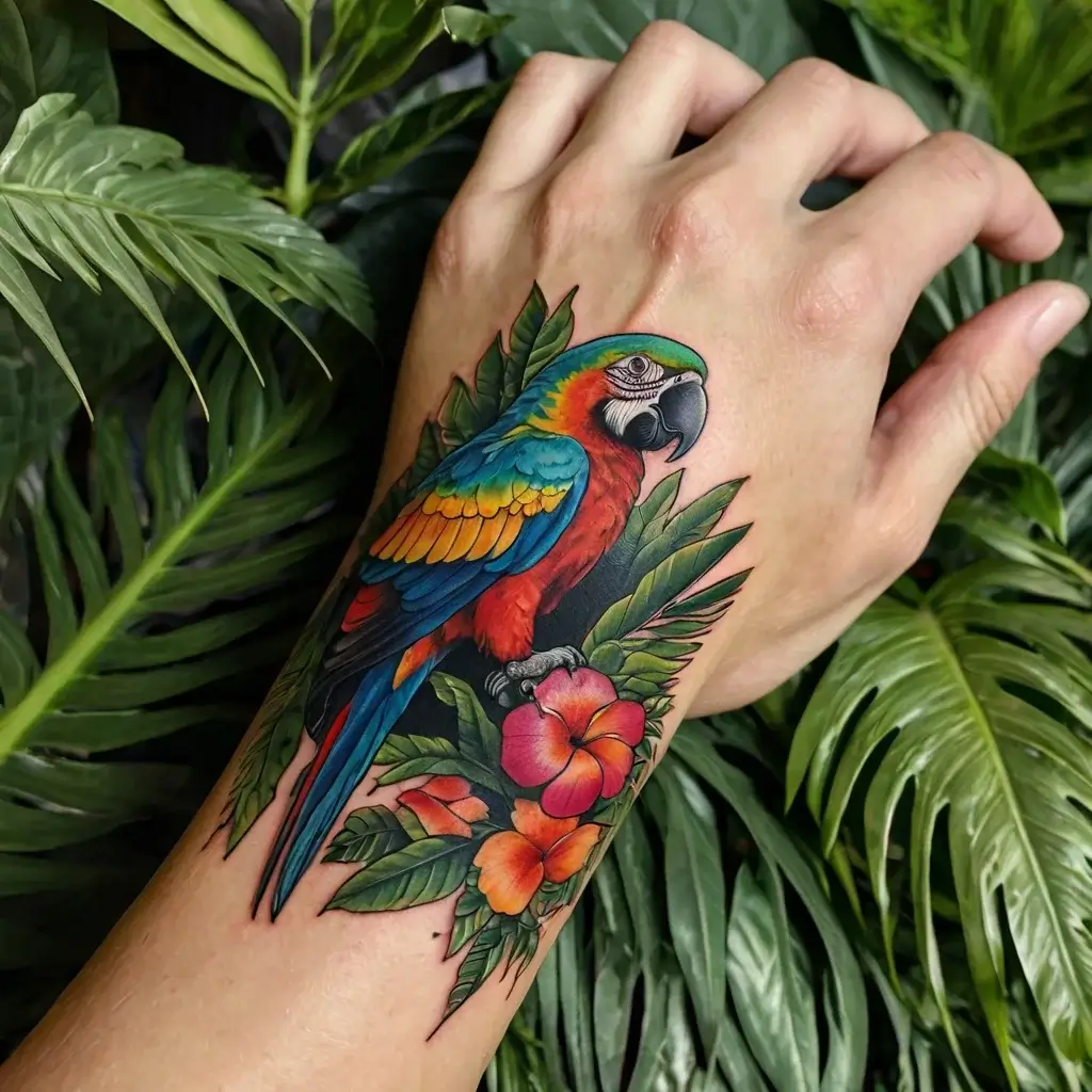 A vibrant parrot tattoo with colorful plumage, perched on lush tropical leaves and flowers, showcasing a tropical theme.