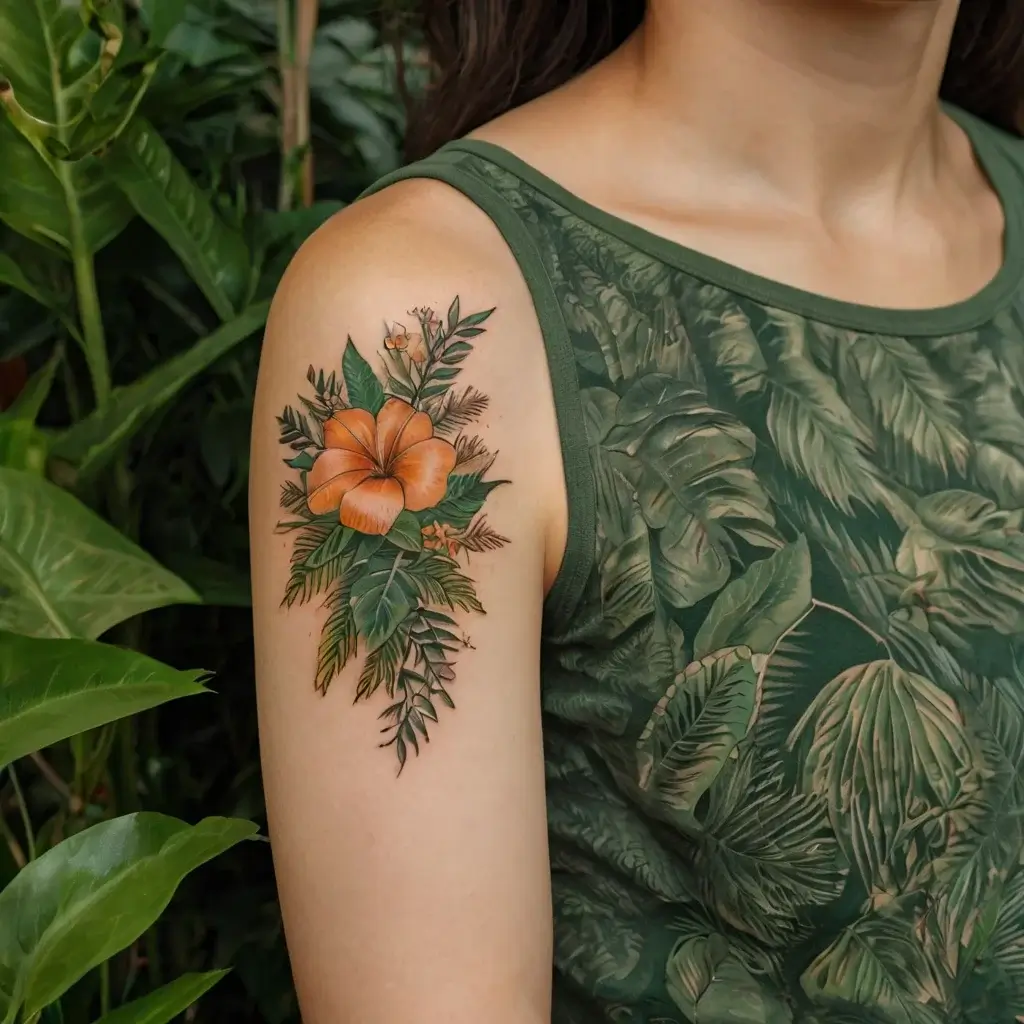 Orange hibiscus tattoo on upper arm with green fern leaves, blending elegantly into a nature-themed sleeveless top.