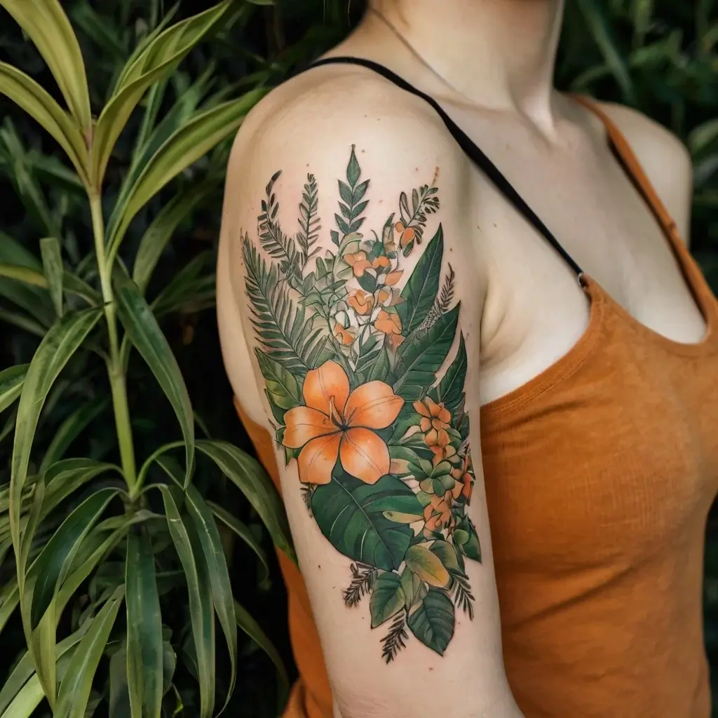 Colorful botanical tattoo with vibrant orange lilies and lush green leaves on upper arm, blending nature's beauty seamlessly.