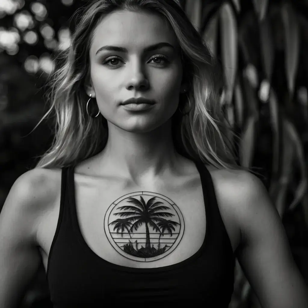 Circular tattoo featuring a palm tree silhouette with horizontal lines, evoking a tropical sunset theme on the upper chest.